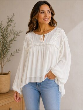 HD in Paris Ivory Ruffled Peasant Blouse with Lace Yoke